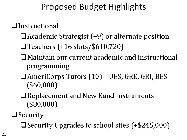 Proposed Budget Highlights q Instructional q. Academic Strategist (+9) or alternate position q. Teachers