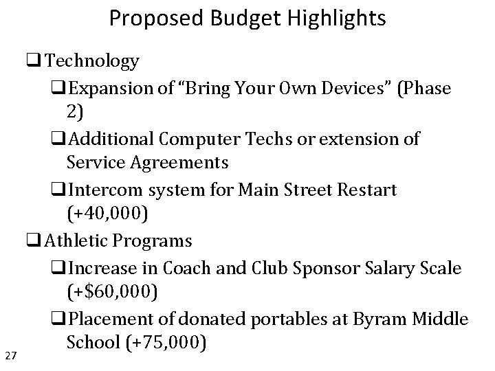 Proposed Budget Highlights 27 q Technology q. Expansion of “Bring Your Own Devices” (Phase