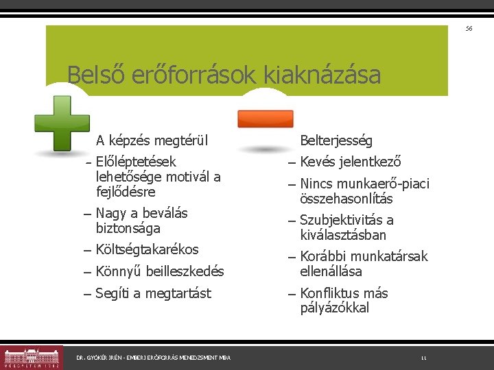 56 Belső erőforrások kiaknázása – A képzés megtérül – Belterjesség – Előléptetések lehetősége motivál