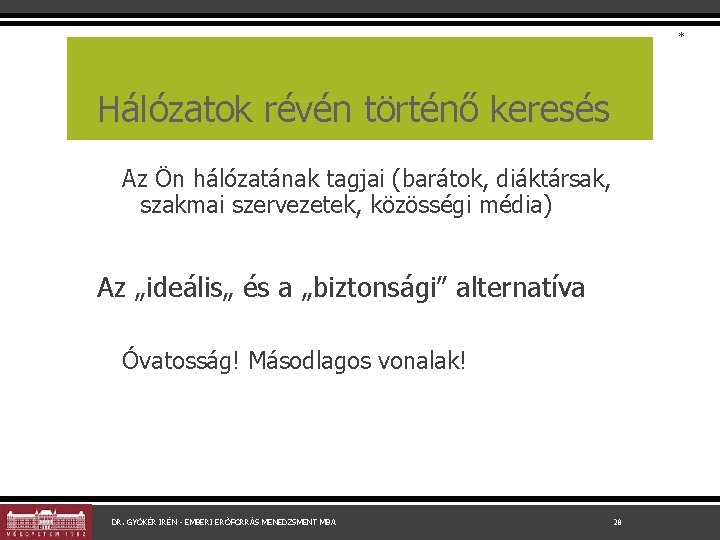 * Hálózatok révén történő keresés Az Ön hálózatának tagjai (barátok, diáktársak, szakmai szervezetek, közösségi