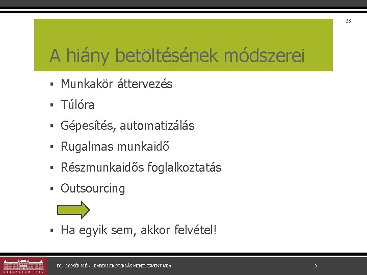 55 A hiány betöltésének módszerei ▪ Munkakör áttervezés ▪ Túlóra ▪ Gépesítés, automatizálás ▪