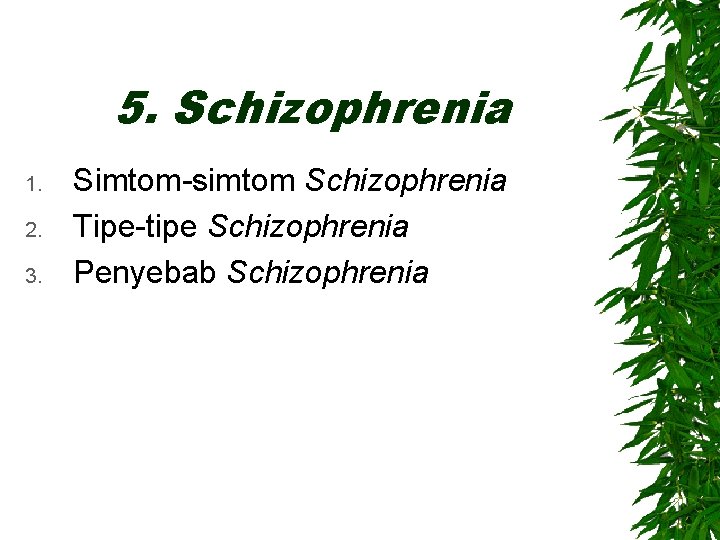 5. Schizophrenia 1. 2. 3. Simtom-simtom Schizophrenia Tipe-tipe Schizophrenia Penyebab Schizophrenia 