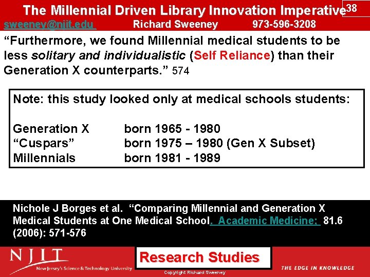 The Millennial Driven Library Innovation Imperative 38 sweeney@njit. edu Richard Sweeney 973 -596 -3208