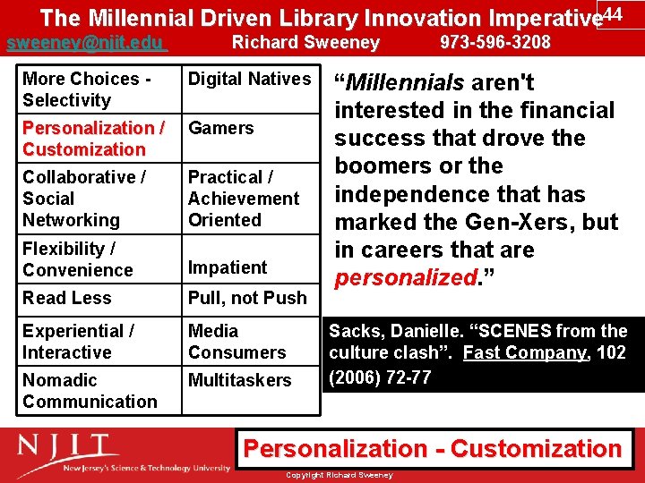 The Millennial Driven Library Innovation Imperative 44 sweeney@njit. edu Richard Sweeney 973 -596 -3208