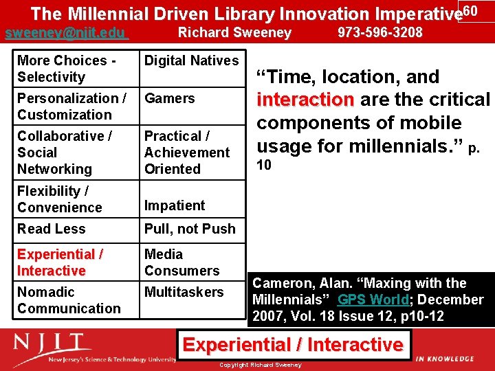 The Millennial Driven Library Innovation Imperative 60 sweeney@njit. edu Richard Sweeney 973 -596 -3208