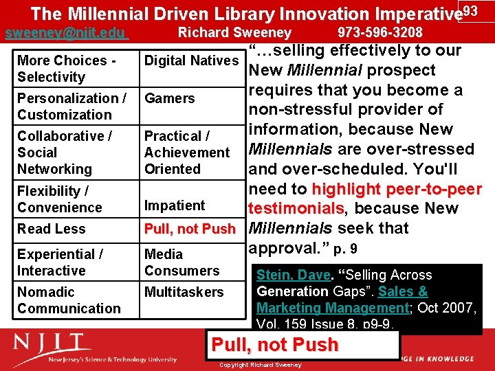 The Millennial Driven Library Innovation Imperative 93 sweeney@njit. edu Richard Sweeney 973 -596 -3208