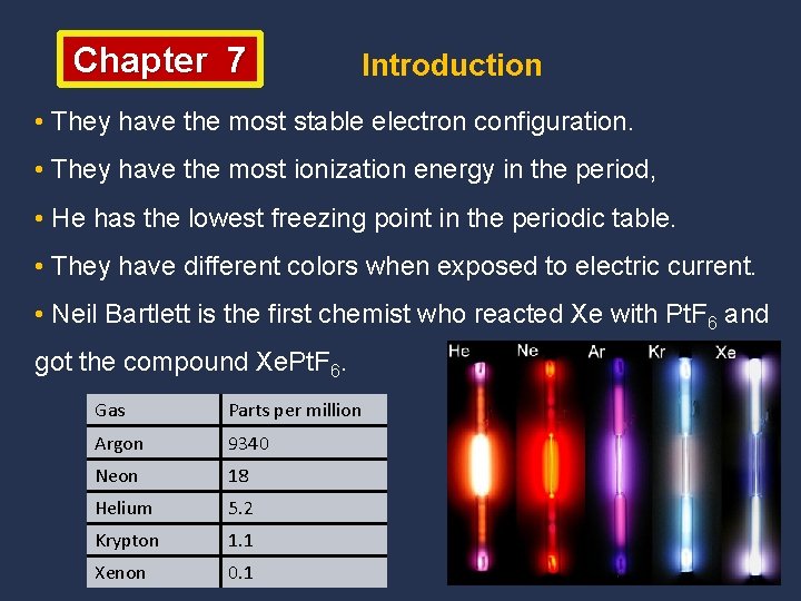 Chapter 7 Introduction • They have the most stable electron configuration. • They have