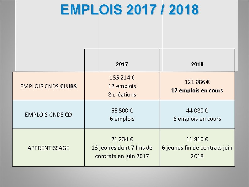 EMPLOIS 2017 / 2018 2017 2018 EMPLOIS CNDS CLUBS 155 214 € 12 emplois