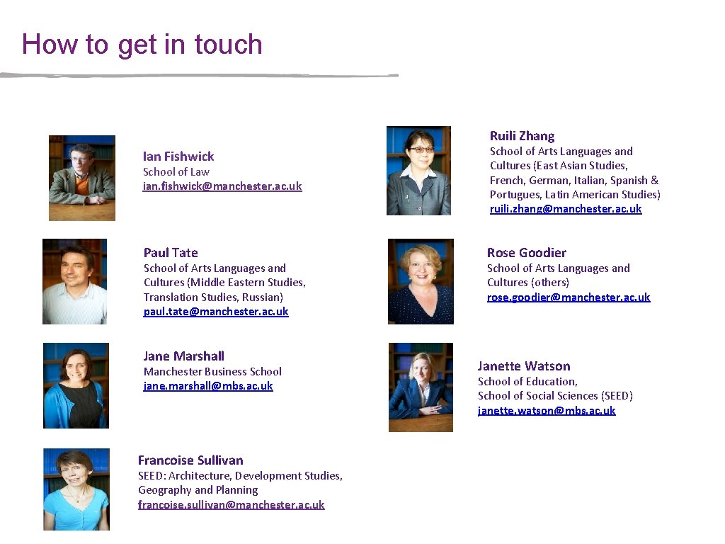 How to get in touch Ruili Zhang Ian Fishwick School of Law ian. fishwick@manchester.