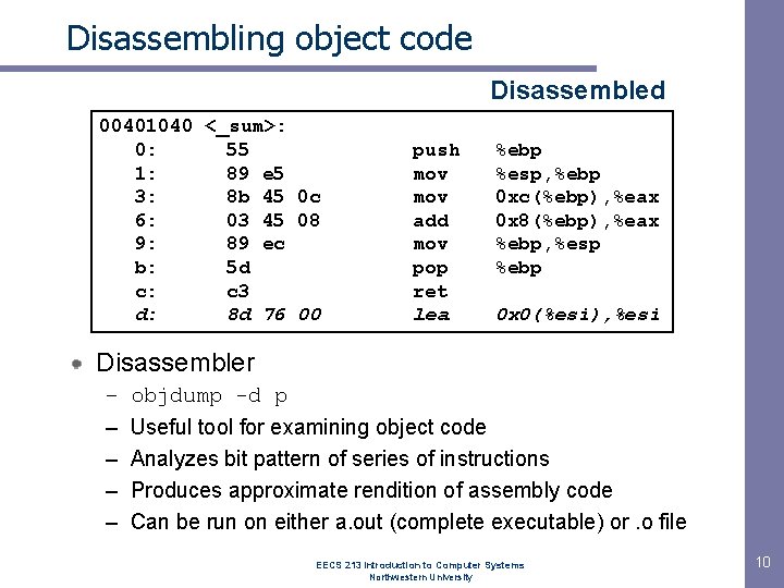 Disassembling object code Disassembled 00401040 <_sum>: 0: 55 1: 89 e 5 3: 8 Disassembling object code Disassembled 00401040 <_sum>: 0: 55 1: 89 e 5 3: 8