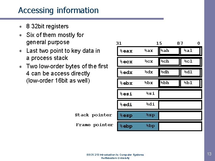 Accessing information 8 32 bit registers Six of them mostly for general purpose Last Accessing information 8 32 bit registers Six of them mostly for general purpose Last