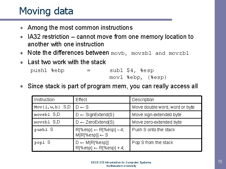 Moving data Among the most common instructions IA 32 restriction – cannot move from Moving data Among the most common instructions IA 32 restriction – cannot move from