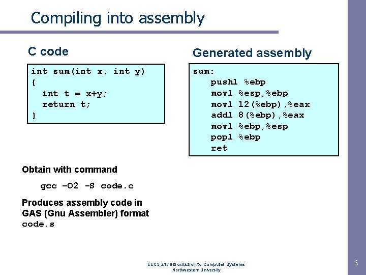 Compiling into assembly C code Generated assembly sum: pushl %ebp movl %esp, %ebp movl Compiling into assembly C code Generated assembly sum: pushl %ebp movl %esp, %ebp movl