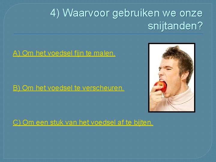 4) Waarvoor gebruiken we onze snijtanden? A) Om het voedsel fijn te malen. B)