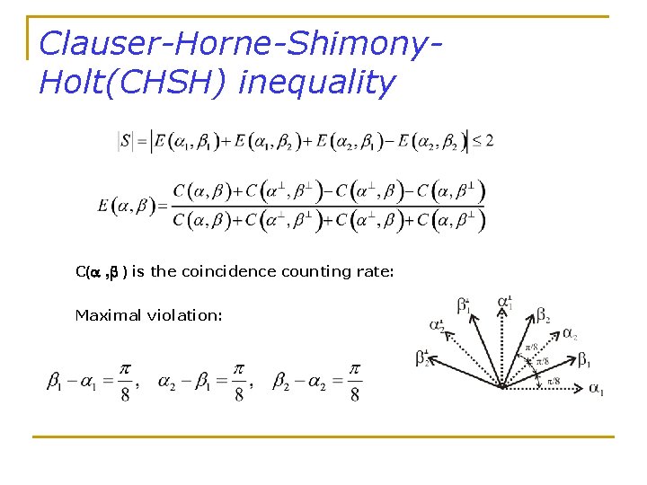 Clauser-Horne-Shimony. Holt(CHSH) inequality C( , ) is the coincidence counting rate: Maximal violation: 