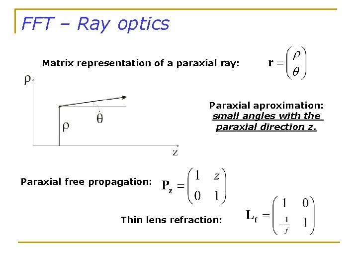 FFT – Ray optics Matrix representation of a paraxial ray: Paraxial aproximation: small angles