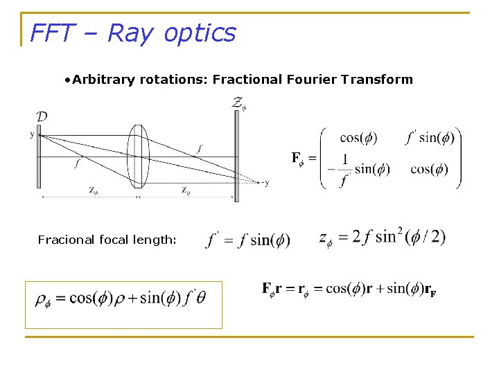FFT – Ray optics • Arbitrary rotations: Fractional Fourier Transform Fracional focal length: 