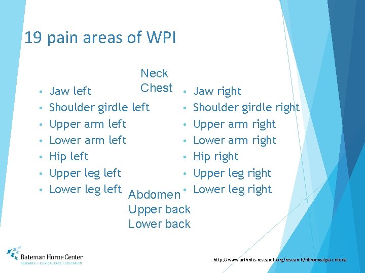 19 pain areas of WPI • • Neck Chest Jaw left • Shoulder girdle