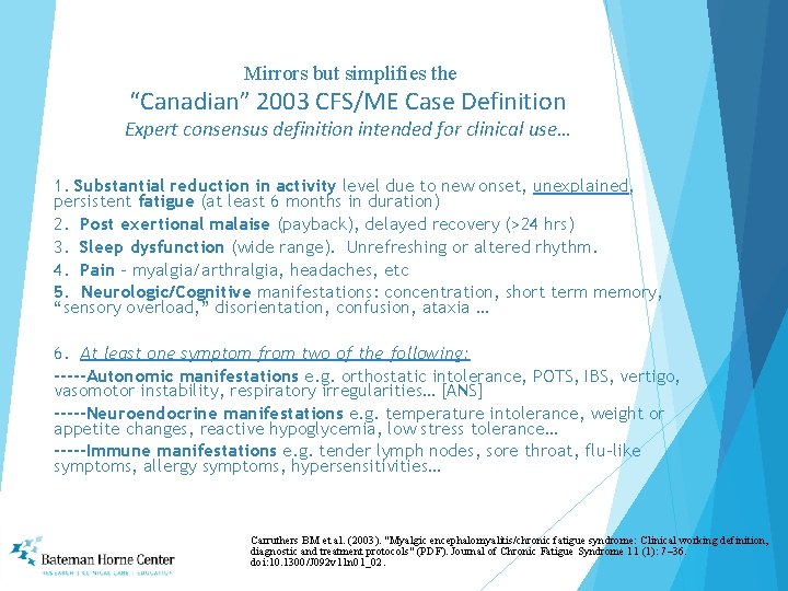 Mirrors but simplifies the “Canadian” 2003 CFS/ME Case Definition Expert consensus definition intended for