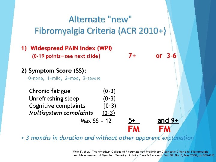 Alternate "new" Fibromyalgia Criteria (ACR 2010+) 1) Widespread PAIN index (WPI) (0 -19 points—see