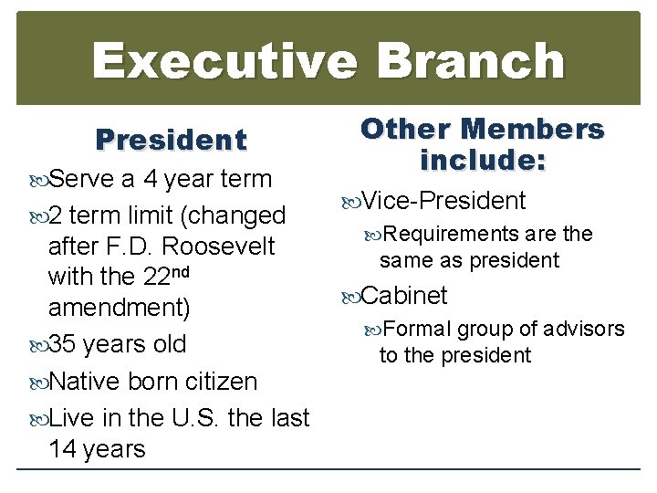 Executive Branch President Serve a 4 year term 2 term limit (changed after F.