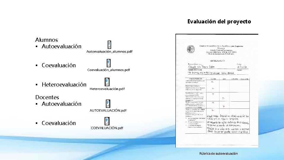 Evaluación del proyecto Alumnos § Autoevaluación § Coevaluación § Heteroevaluación Docentes § Autoevaluación §