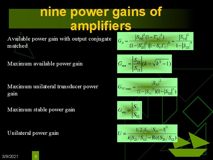 nine power gains of amplifiers Available power gain with output conjugate matched Maximum available