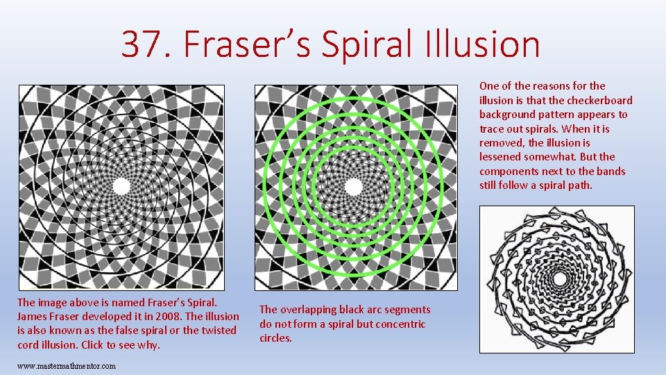 37. Fraser’s Spiral Illusion One of the reasons for the illusion is that the