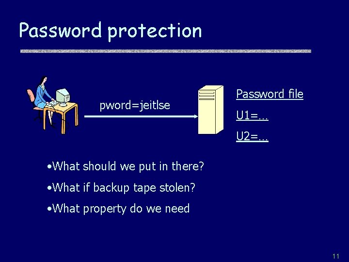 Password protection pword=jeitlse Password file U 1=… U 2=… • What should we put