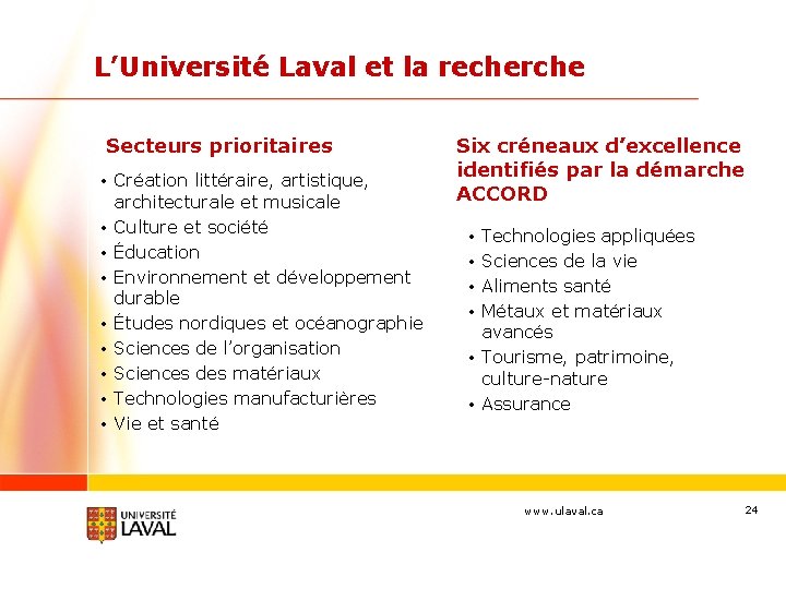 L’Université Laval et la recherche Secteurs prioritaires • Création littéraire, artistique, architecturale et musicale