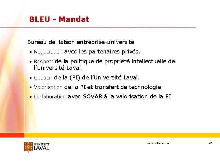 BLEU - Mandat Bureau de liaison entreprise-université • Négociation avec les partenaires privés. •