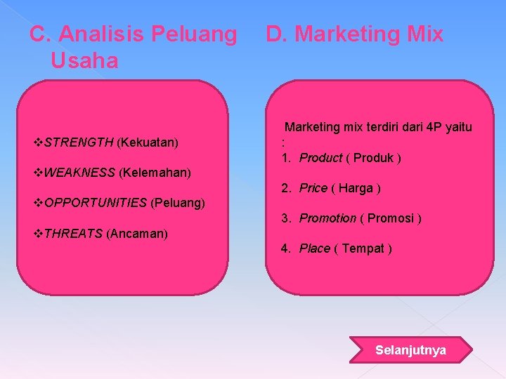 C. Analisis Peluang Usaha D. Marketing Mix Marketing mix terdiri dari 4 P yaitu