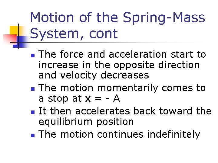 Motion of the Spring-Mass System, cont n n The force and acceleration start to