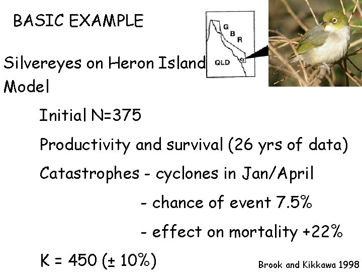 BASIC EXAMPLE Silvereyes on Heron Island Model Initial N=375 Productivity and survival (26 yrs