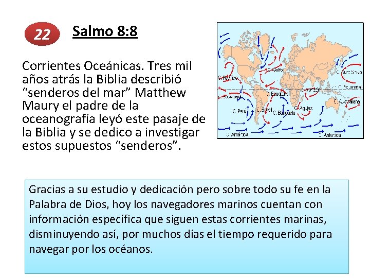  Salmo 8: 8 22 Corrientes Oceánicas. Tres mil años atrás la Biblia describió