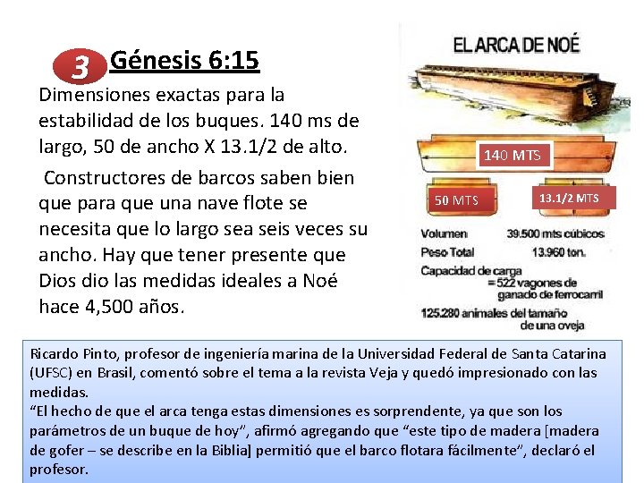  Génesis 6: 15 3 Dimensiones exactas para la estabilidad de los buques. 140