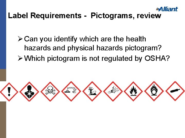 Label Requirements - Pictograms, review Ø Can you identify which are the health hazards