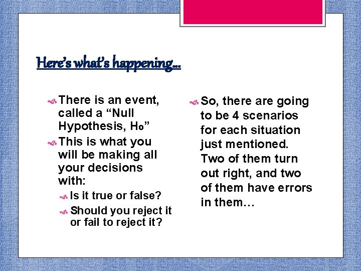 Here’s what’s happening… There is an event, called a “Null Hypothesis, Ho” This is