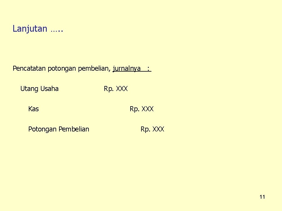 Lanjutan …. . Pencatatan potongan pembelian, jurnalnya : Utang Usaha Kas Potongan Pembelian Rp.