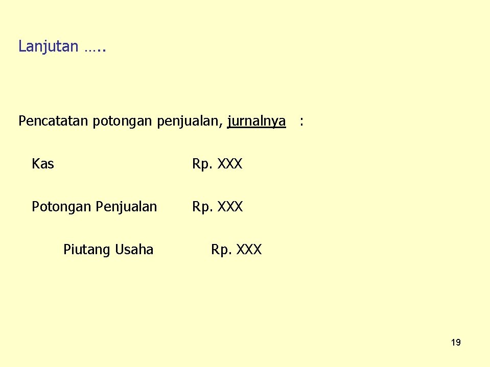 Lanjutan …. . Pencatatan potongan penjualan, jurnalnya : Kas Rp. XXX Potongan Penjualan Rp.