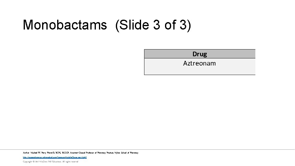 Monobactams (Slide 3 of 3) Drug Aztreonam Author: Michael W. Perry Pharm. D, BCPS,