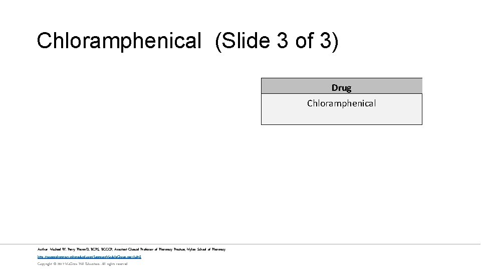 Chloramphenical (Slide 3 of 3) Drug Chloramphenical Author: Michael W. Perry Pharm. D, BCPS,