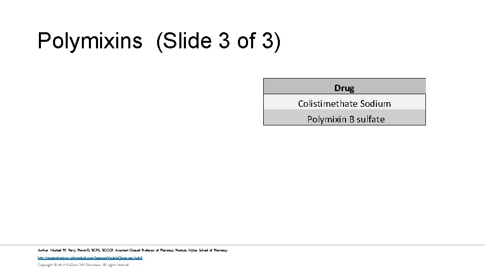 Polymixins (Slide 3 of 3) Drug Colistimethate Sodium Polymixin B sulfate Author: Michael W.