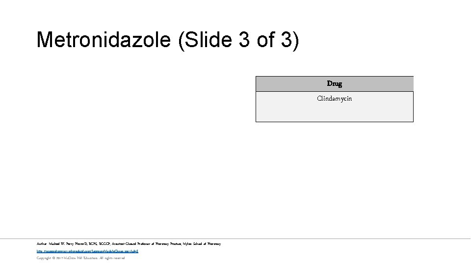 Metronidazole (Slide 3 of 3) Drug Clindamycin Author: Michael W. Perry Pharm. D, BCPS,