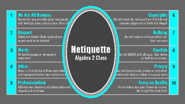 1 We Are All Humans 2 Respect 3 Words 4 Attire 5 Professionalism Remember