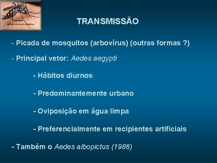 TRANSMISSÃO - Picada de mosquitos (arbovírus) (outras formas ? ) - Principal vetor: Aedes
