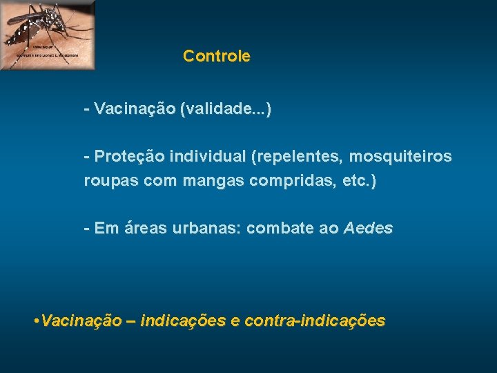 Controle - Vacinação (validade. . . ) - Proteção individual (repelentes, mosquiteiros roupas com