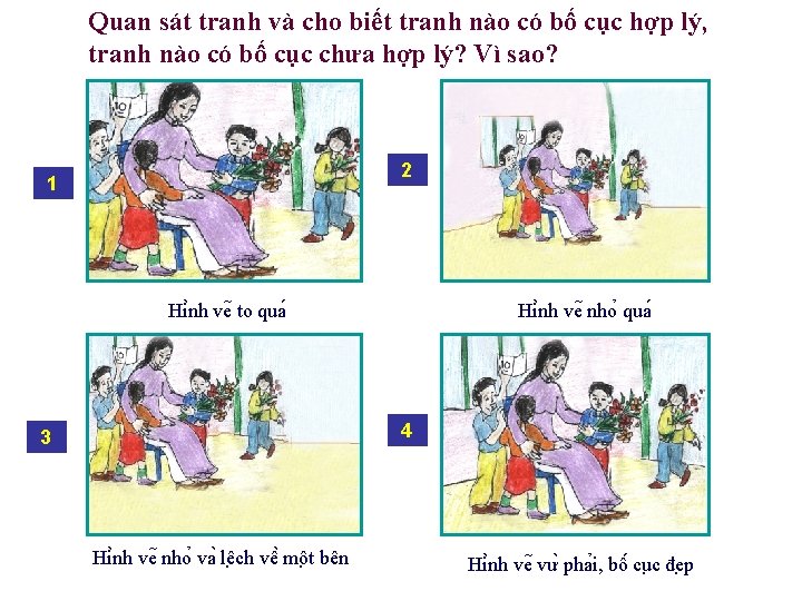 Quan sát tranh và cho biết tranh nào có bố cục hợp lý, tranh