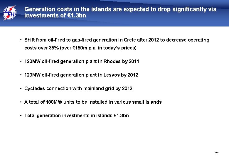 Generation costs in the islands are expected to drop significantly via investments of €