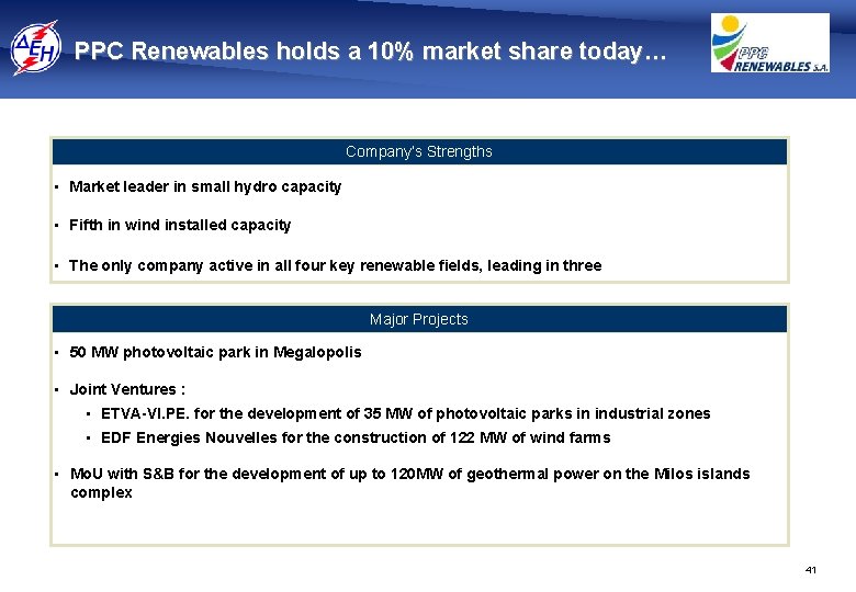 PPC Renewables holds a 10% market share today… Company’s Strengths • Market leader in